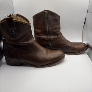 Frye Melissa Button Short Zip Boots Size 8.5 B Drk Brown Distressed Leather Boho
